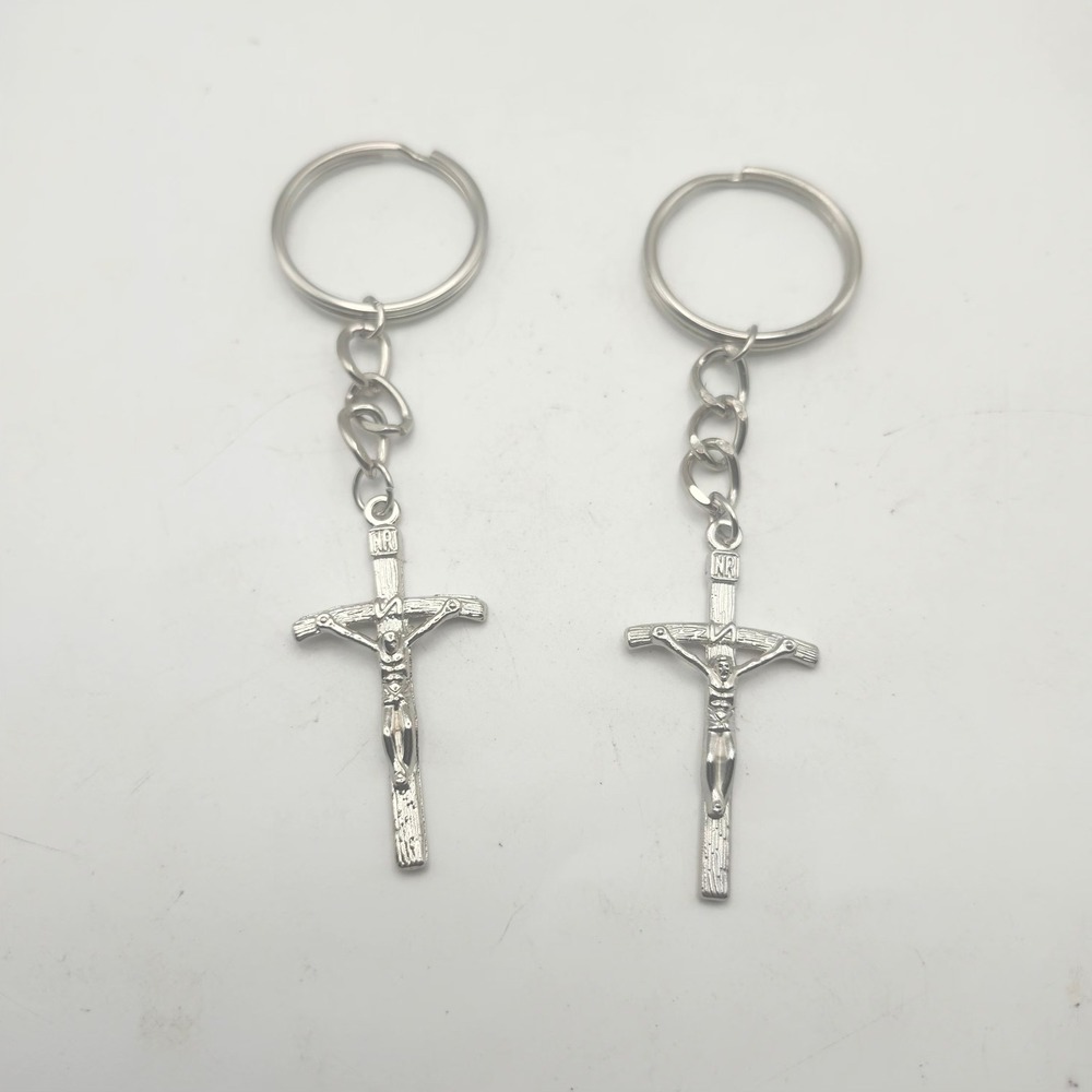 Silver Crucifix Keychain Religious Catholic Cross Pendant INRI Jesus Key Ring
